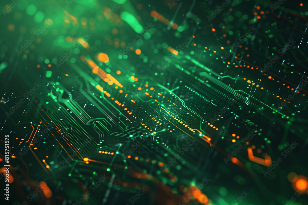 Detailed green circuit board with data pathways and glowing elements Detailed green circuit board with data pathways and glowing elements