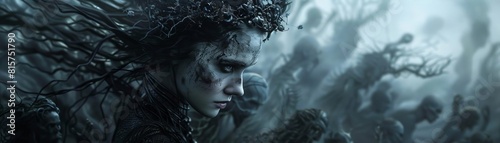 A haunting portrayal of Hel, the goddess of the underworld, in her dark and misty realm, surrounded by lost souls