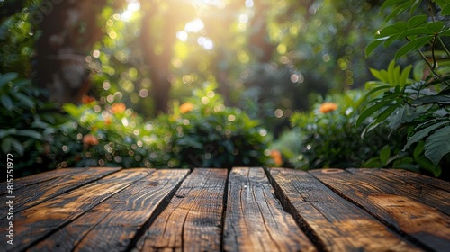 A wooden table surface on a blurred nature background. photo