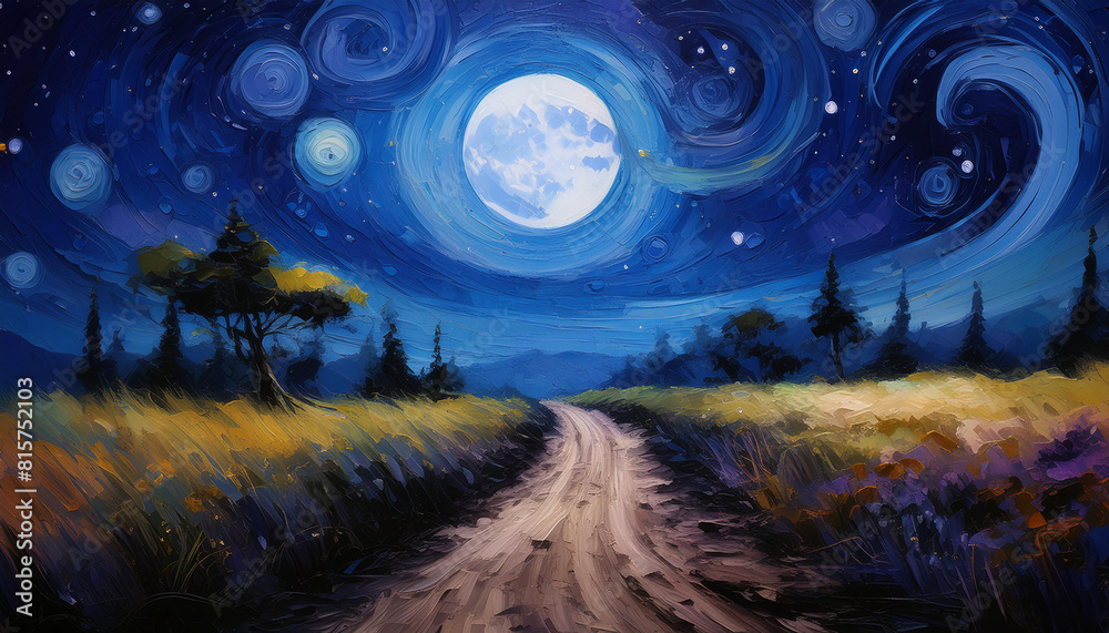Obraz premium Abstract oil painting of dirt road in darkness, fantasy landscape with moon and blue sky.