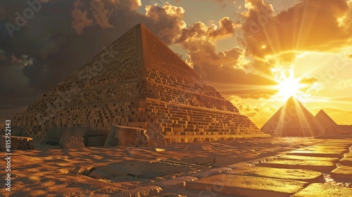 Great Pyramid of Giza, shot at sunset, golden hues casting dramatic shadows over the ancient limestone blocks realistic