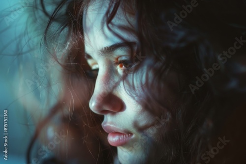 Woman with long hair looking at her cell phone. Woman portrait