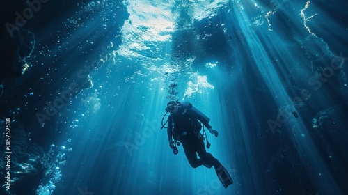 diver descending into the abyss, surrounded by the ethereal blue glow of the ocean, equipped with high-quality diving gear,