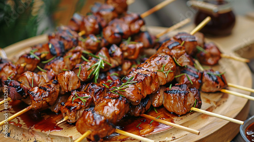 Barbecue skewers with juicy meat and sauce on table © Hassan