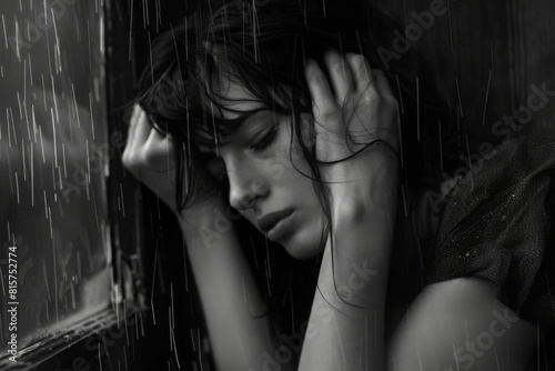 Woman leaning against window in rain with head in hands. Vertical background  photo