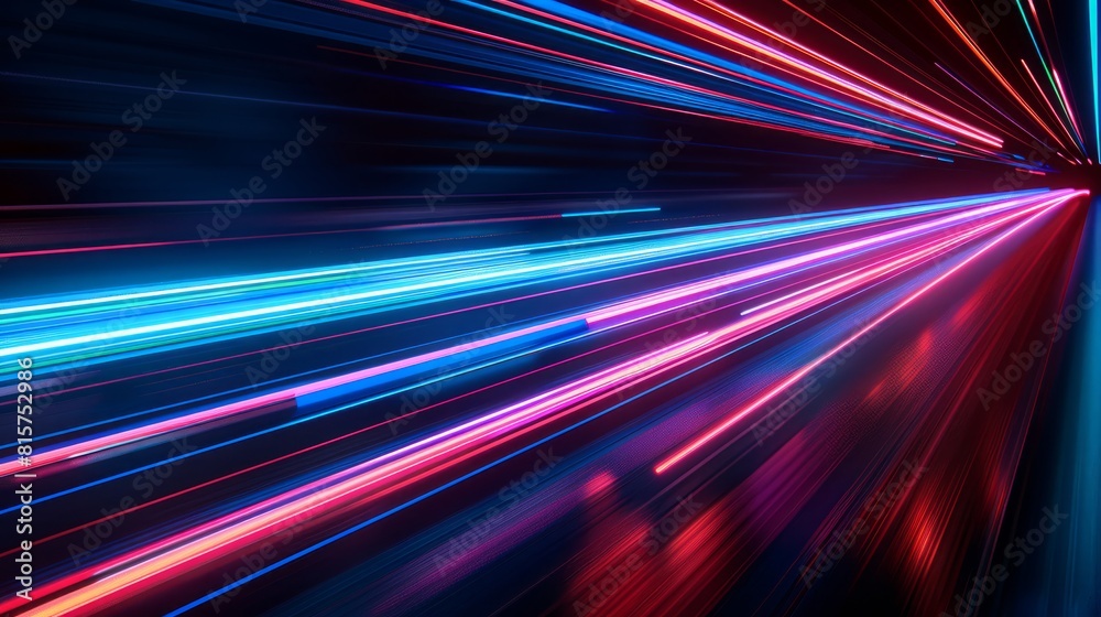 Neon red and blue speed lines. Speed â€‹â€‹of acceleration and movement. Light trails, motion blur effect. Night illumination in blue and red