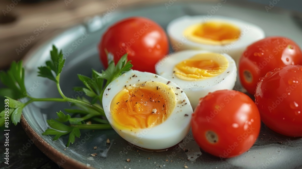 Plate of Boiled Egg and Tomatoes for Consumption Plate of Boiled Egg and Tomatoes for Consumption