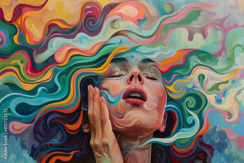 Painting of a woman with colorful hair blowing in the wind photo