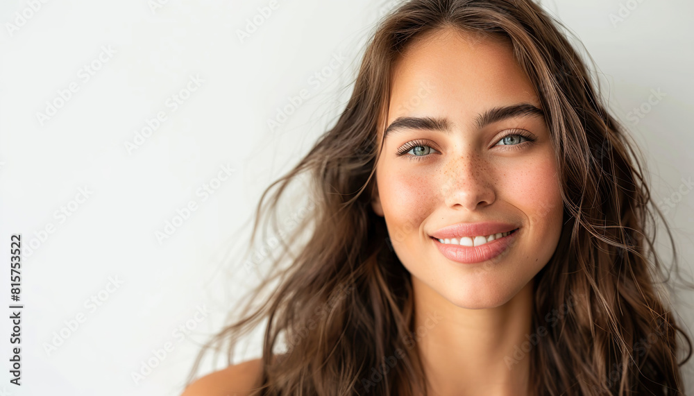 young happy smiling woman long brown brunet hair skin care beauty skincare cosmetics dental concept white background copy space young happy smiling woman long brown brunet hair skin care beauty skincare cosmetics dental concept white background copy space