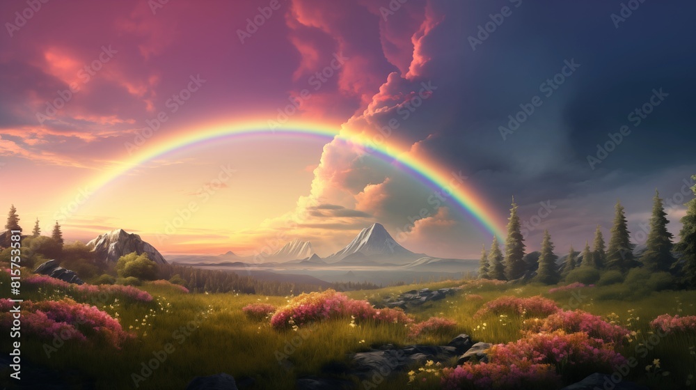 Majestic Landscape at Dusk with Rainbow Over Mountain View Majestic Landscape at Dusk with Rainbow Over Mountain View
