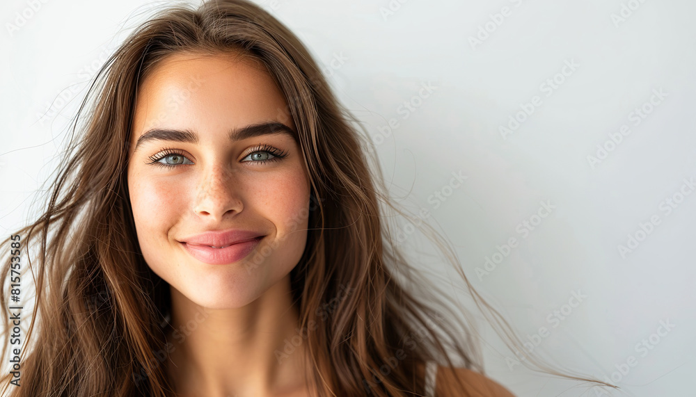 young happy smiling woman long brown brunet hair skin care beauty skincare cosmetics concept white background copy space young happy smiling woman long brown brunet hair skin care beauty skincare cosmetics concept white background copy space