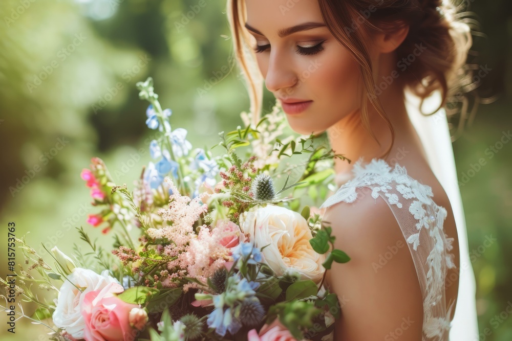 Beautiful bride in a lace gown with a delicate bouquet in a sunlit garden