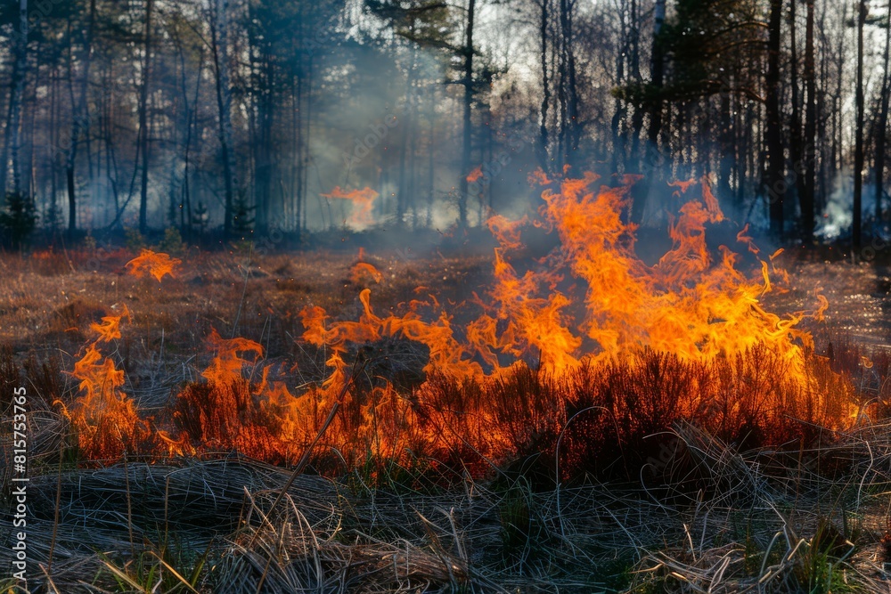 Wildfire spreading in a dry forest at sunset Wildfire spreading in a dry forest at sunset