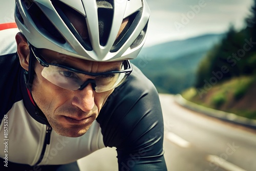 Close-up shot of professional cyclist concentrating on competition. AI generated © Vero Dibe
