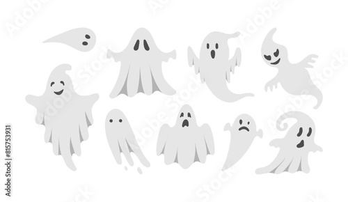 Cute Halloween Ghosts Set. Hand drawn spooky flying spirits collection. Cartoon funny ghost isolated on white background. Vector simple halloween horror characters. Creepy Halloween party costume.