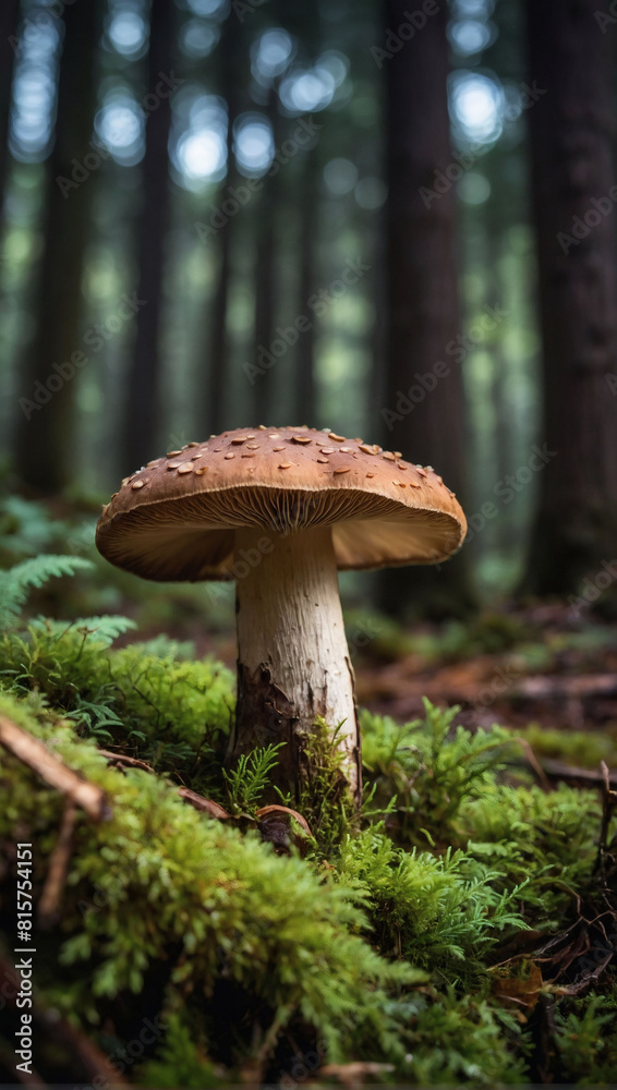 Enchanted Woods, Boletus Mushroom Thriving in a Beautiful Forest of Moss and Conifers. Enchanted Woods, Boletus Mushroom Thriving in a Beautiful Forest of Moss and Conifers.