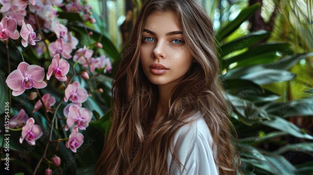A beautiful blue-eyed long-haired brown-haired woman stands on a background of exotic plants and pink orchids.Beauty, fashion, cosmetology, natural, nature, natural, spa, detox, plants. A beautiful blue-eyed long-haired brown-haired woman stands on a background of exotic plants and pink orchids.Beauty, fashion, cosmetology, natural, nature, natural, spa, detox, plants.