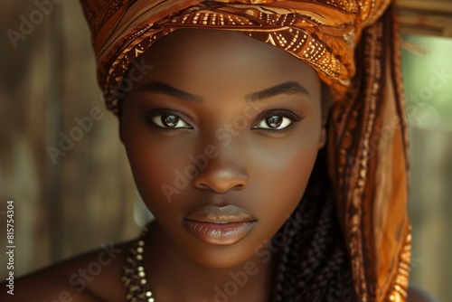 Portrait of a young woman with a captivating gaze wearing an ornate headwrap
