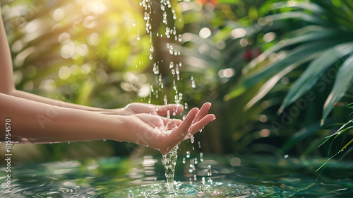 Water pouring in woman hand on nature ,generative ai