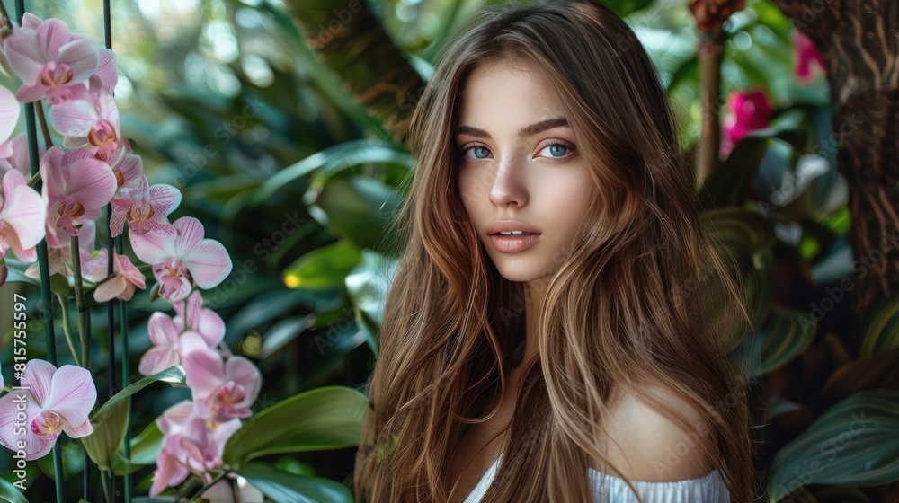 A beautiful blue-eyed long-haired brown-haired woman stands on a background of exotic plants and pink orchids.Beauty, fashion, cosmetology, natural, nature, natural, spa, detox, plants. A beautiful blue-eyed long-haired brown-haired woman stands on a background of exotic plants and pink orchids.Beauty, fashion, cosmetology, natural, nature, natural, spa, detox, plants.