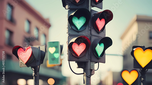 close-up of a traffic light with heart shaped lights, pastel, analog photography, tilt-shift photo
