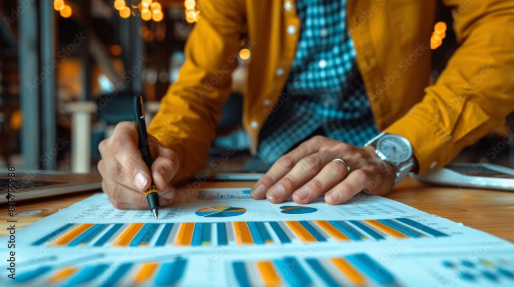A business person analyzing graphs and charts while sitting at a desk. A business person analyzing graphs and charts while sitting at a desk.