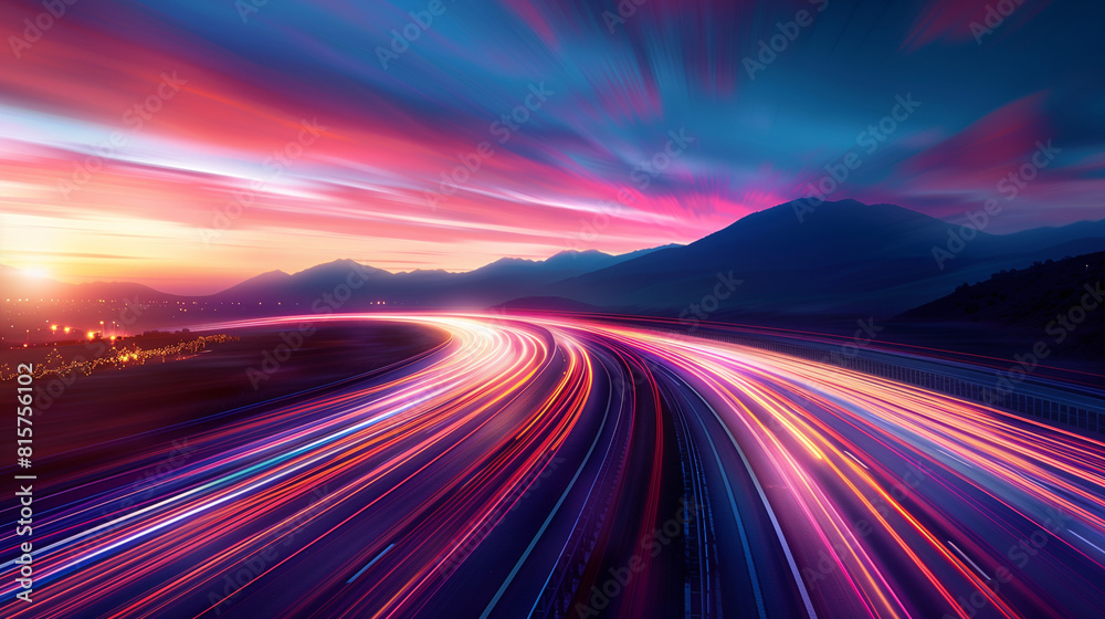 Dynamic Sunset Light Trails on Highway with Mountain Silhouette Dynamic Sunset Light Trails on Highway with Mountain Silhouette