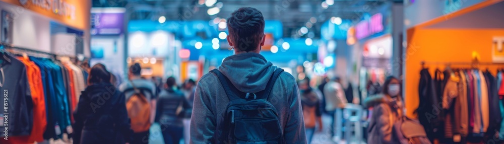 A man with a backpack is walking through a crowded shopping mall. A man with a backpack is walking through a crowded shopping mall.