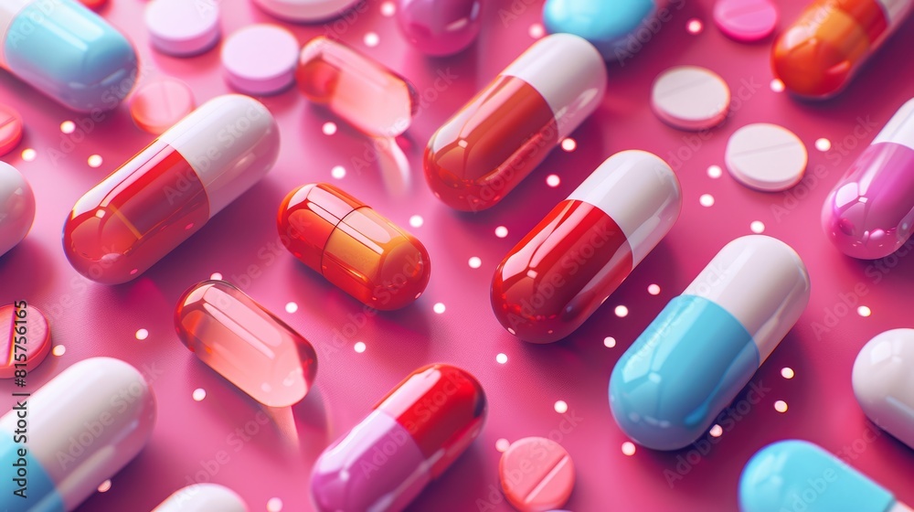 Colorful pills and capsules scattered on pink surface. Concept of pharmacy, medicine, drugs, healthcare and medical treatment. Colorful pills and capsules scattered on pink surface. Concept of pharmacy, medicine, drugs, healthcare and medical treatment.