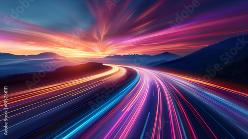 Dynamic Sunset Light Trails on Highway with Mountain Silhouette