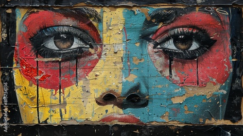 It's grunge street art with abstract faces and drips of paint.