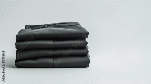 A stack of four pairs of black pants, neatly folded and stacked on a white background. photo