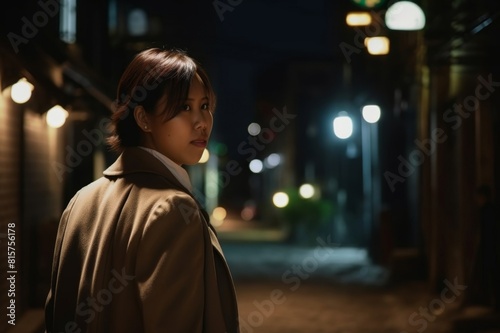 A young businesswoman is walking alone in a small alley at night