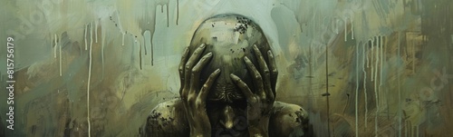 Painting of a person covered in mud covering their face. Banner