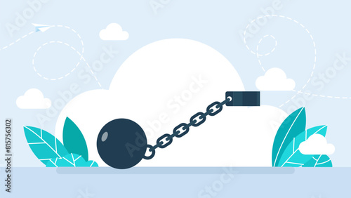 Shackles on chain with weight metal ball, prisoner fetter, encumbrance or debt concept. Ball on chain. Shackle icon. Jail chain with heavy shackle. Vector illustration