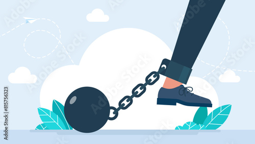 Work problem. Chain with ball attached to leg. The man's leg is chained. Businessman chained to his big heavy debt weight with shackles. Business man corporate slavery concept. Vector illustration