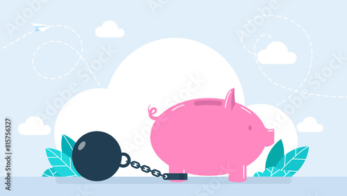 The pig's leg is chained. Piggy bank trying to go with a huge weight of debt chained to his leg. Concept of debt, credit, slavery, arrest, burden, sanction. Flat style vector illustration