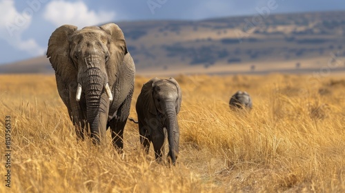 Elephants walking through the tall grass in the savanna. © Sodapeaw