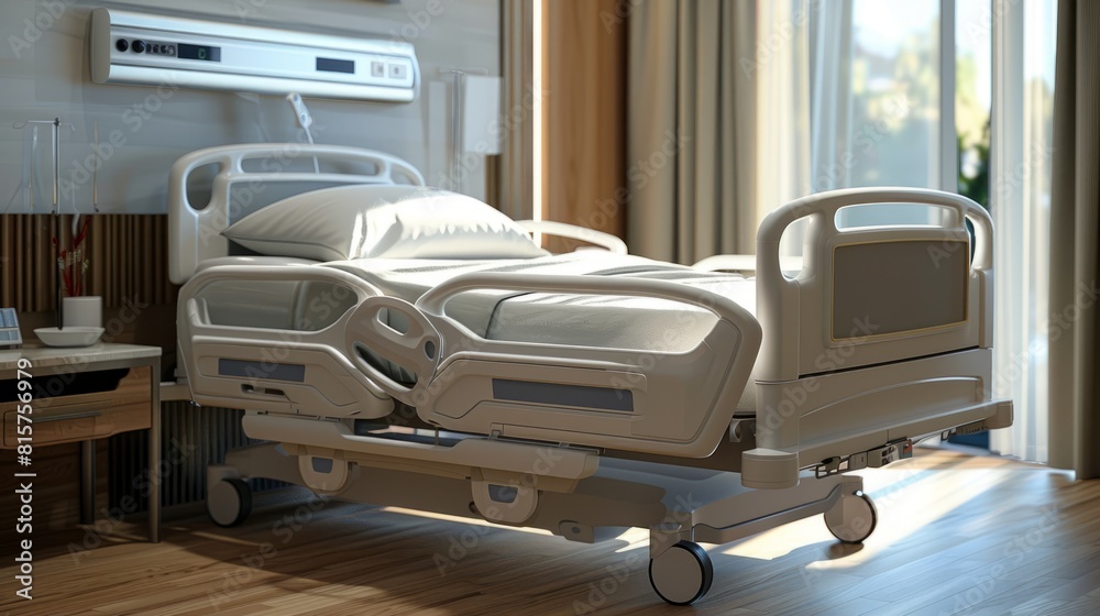 Fototapeta premium Hospital bed with safety rails and attached medical equipment in a modern hospital room.