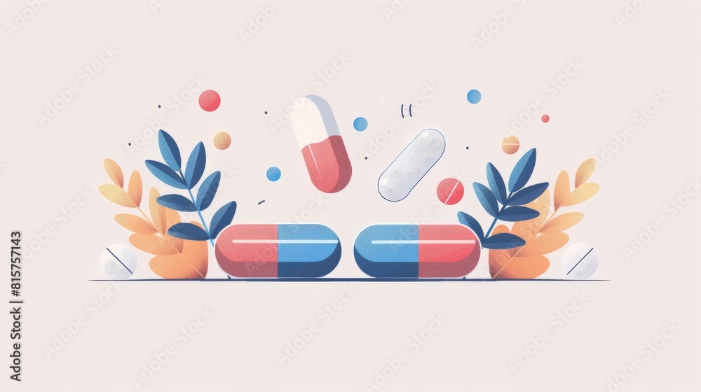 Medical illustration of two pills with leaves in the background. Medical illustration of two pills with leaves in the background.