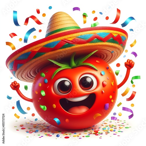 Funny red tomato rejoices in a sombrero. Festive confetti is flying around. Cute cartoon tomato character isolated. Illustration for Spanish holiday La Batalla del Tomate