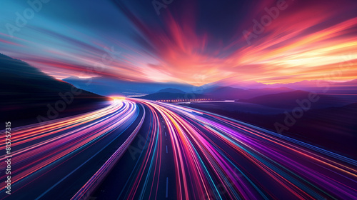 Dynamic Sunset Light Trails on Highway with Mountain Silhouette