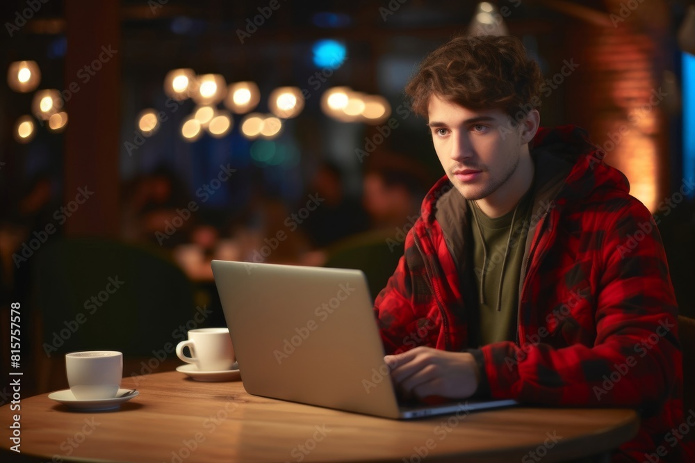 A young man is sitting in a cafe and enjoying hot drink while using a laptop A young man is sitting in a cafe and enjoying hot drink while using a laptop