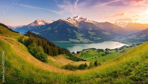 mountain landscape in zell am see with lake and kitzsteinhorn at sunset salzburg land austria