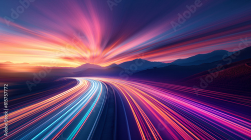 Dynamic Sunset Light Trails on Highway with Mountain Silhouette © 1cm