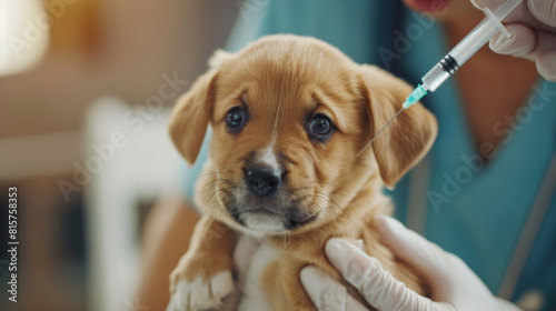 A puppy is being injected with a syringe by a veterinarian in a clinical setting. Veterinary clinic. photo