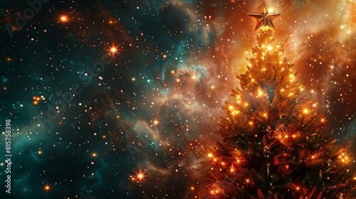 Christmas tree shining brightly with stars in the background