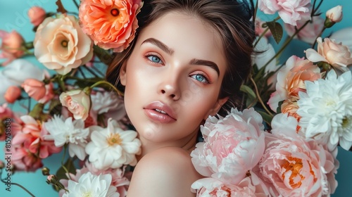 Attractive brunette girl with big beautiful bouquet of flowers. Beautiful white girl with flowers. Pretty woman with bright makeup. Art portrait with flowers