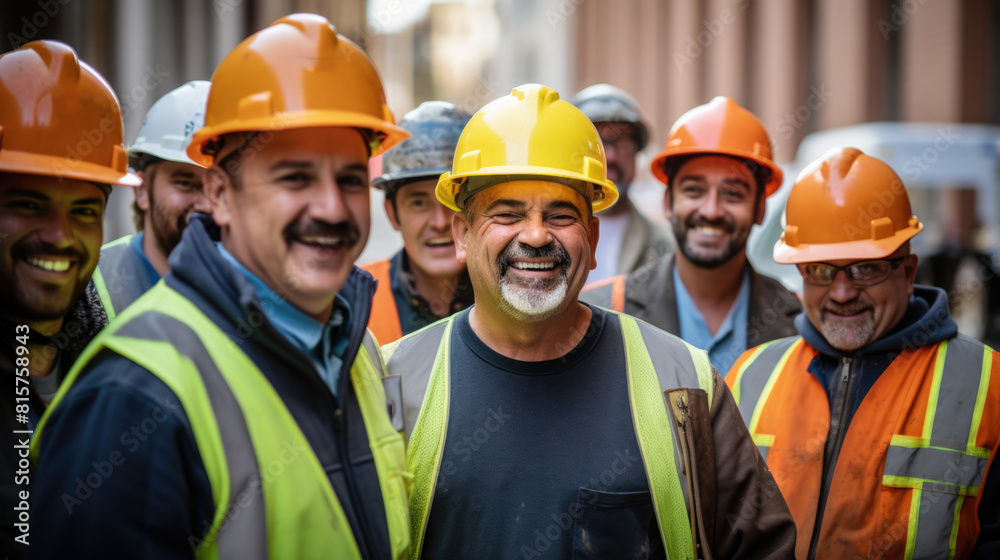 group of smiling builders in hardhats outdoors group of smiling builders in hardhats outdoors