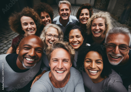 Friends chilling outside taking group selfie and smiling. Laughing young people standing together outdoors and taking selfie